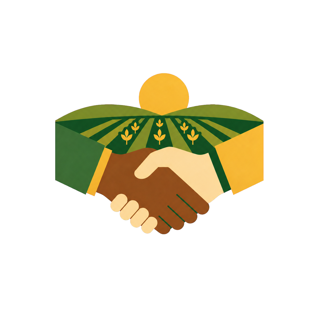 Illustration of a contract farming handshake over crop fields